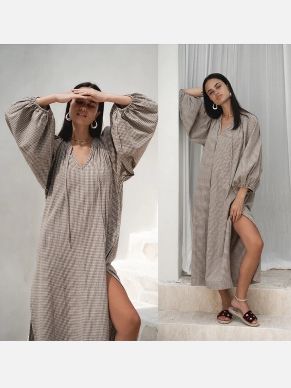 Daughters‎ of India Plaid Poet Maxi Dress Tan Brown Balloon Sleeve medium
